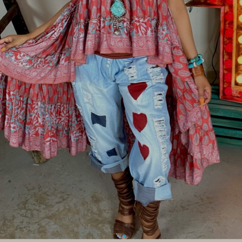 Paper Lace Light Wash Boyfriend Jeans with Red Heart Patches